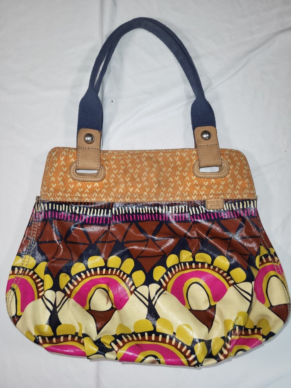 Fossil Key Per Hobo Tote Handbag Coated Canvas Geometric Hippie